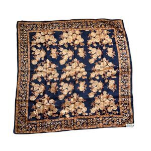 Vtg F For Karavan 100% Pure Silk Scarf Approx 29X29 Square Floral Navy Orange